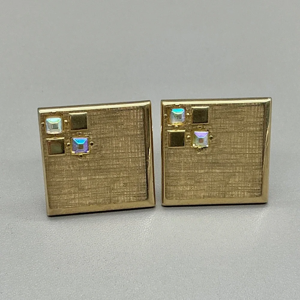 Swank Gold Tone Cufflinks Tie Clip Set AB Rhinestone Mid Century Men's Vintage
